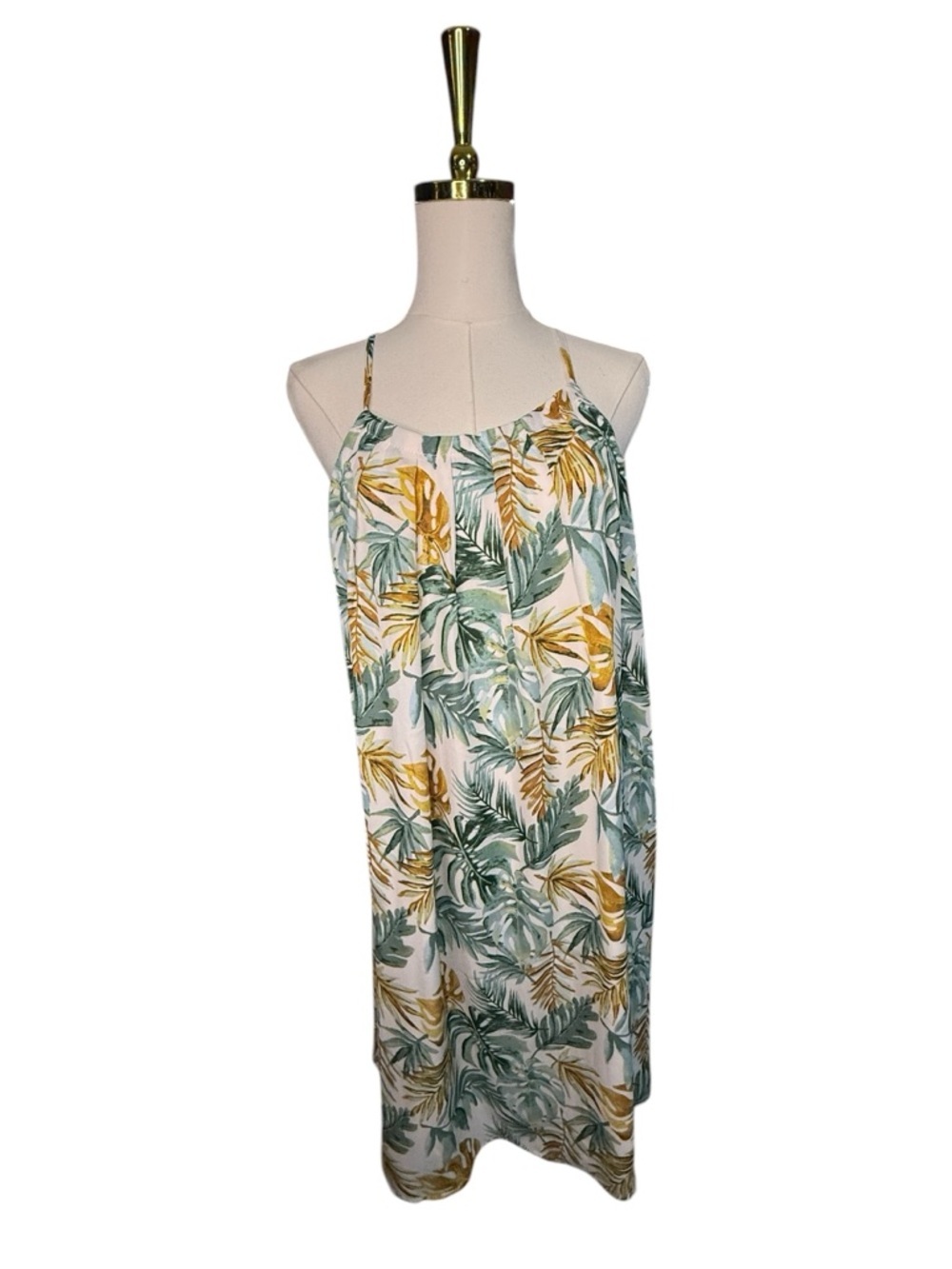 Siren Lily Tropical Leaf Print Dress in Green Beige Yellow Orange Size L